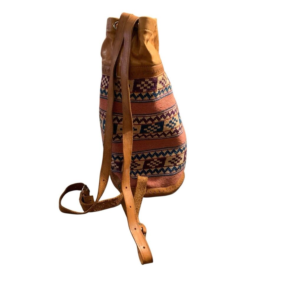 Vintage Leather Wool Kilim Drawstring Backpack Large Multi-Color Tooled Bag Boho - Picture 4 of 15
